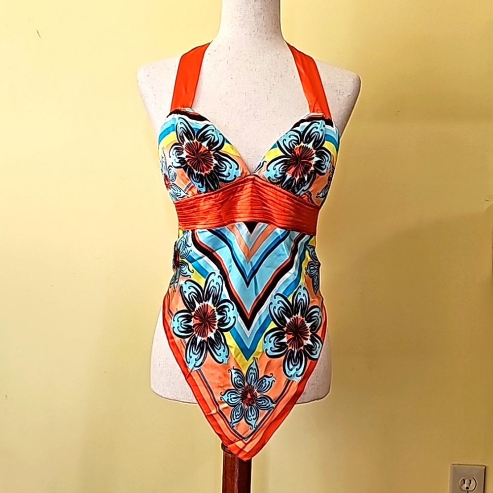 Bebe Silk Hankerchief Backless Lined Cups Colorful Halter Tie Back/Clasp Size S